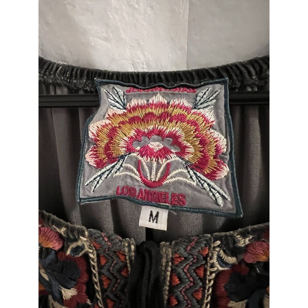 Johnny Was Gray Claude Embroidered Silk Blend Velvet Blouse Sz M Boho Peasant - Picture 4 of 8